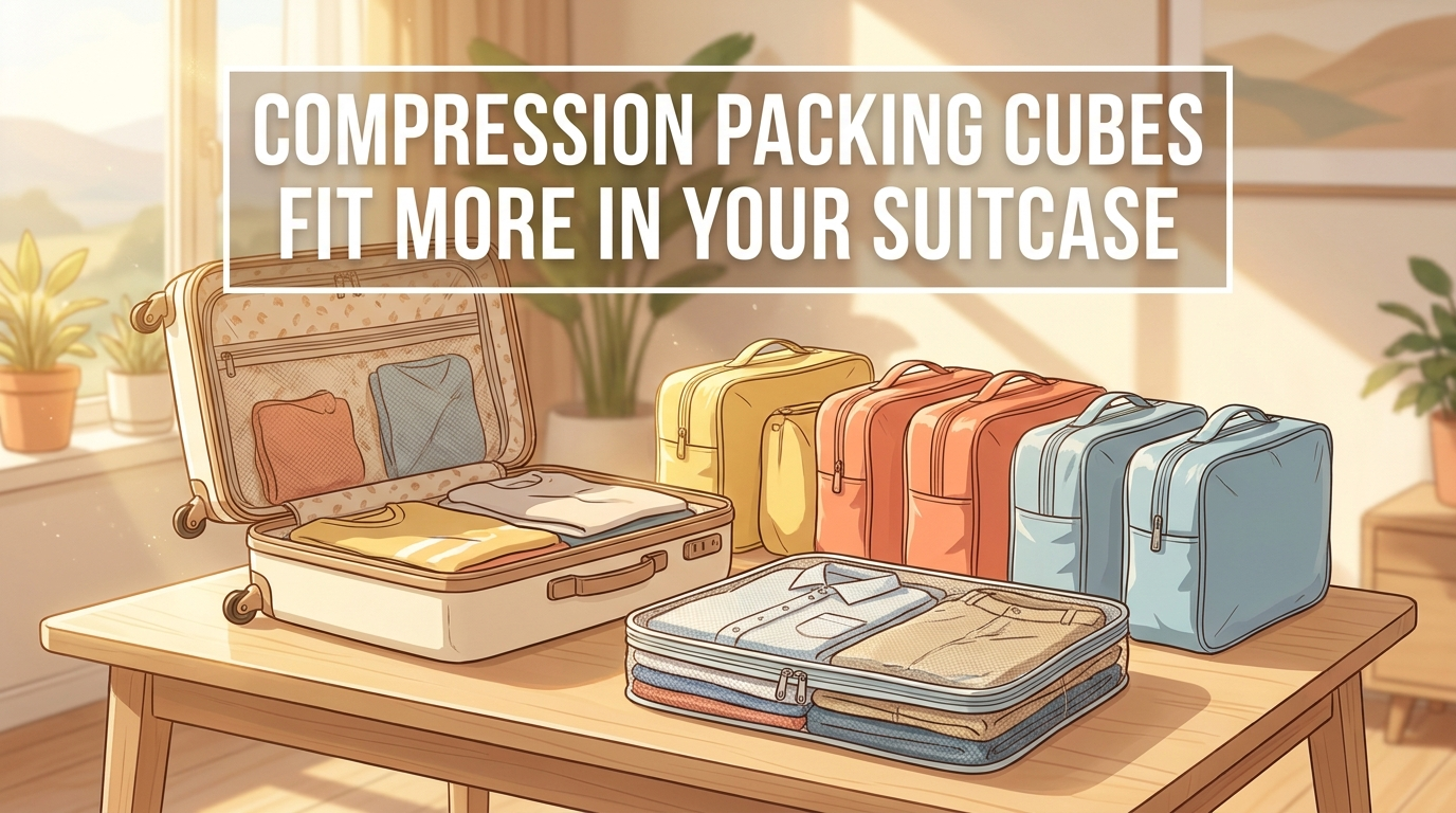 Compression packing cubes lined up beside an open carry-on suitcase, one cube compressed flat