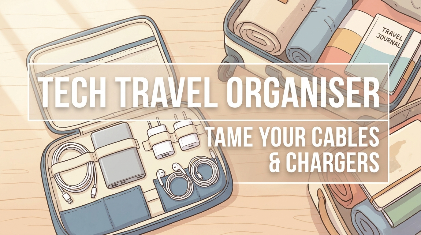 Flat-lay of a tech travel organiser with neatly coiled cables, chargers and adapters in compartments