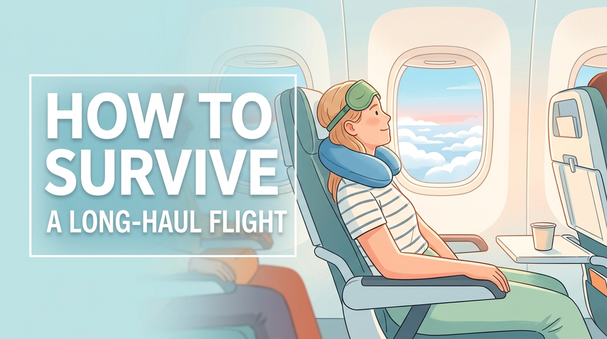 How to survive a long-haul flight - relaxed traveller resting in an economy window seat