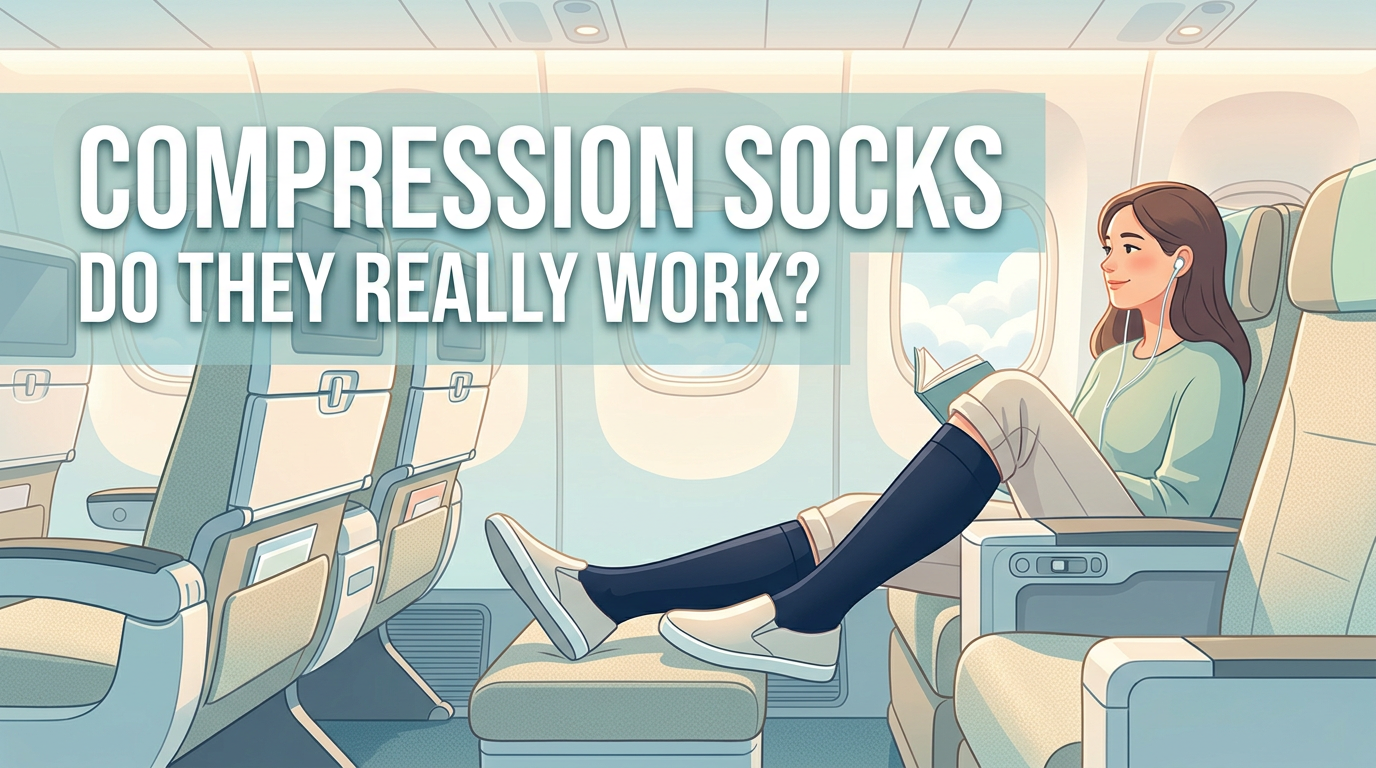 Travel compression socks guide - traveller wearing compression socks comfortably on a long flight