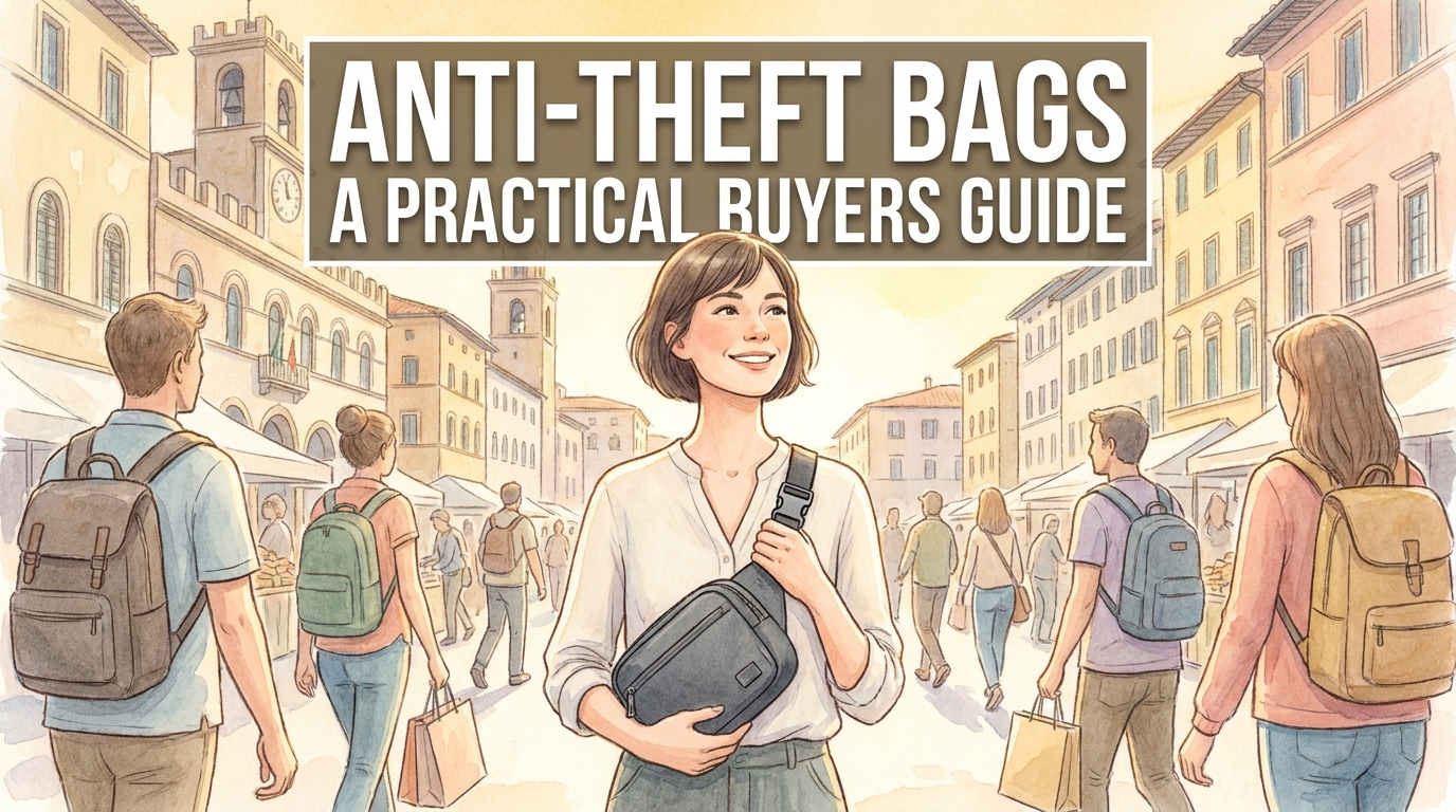 A traveller wearing an anti-theft crossbody bag securely in a busy city square